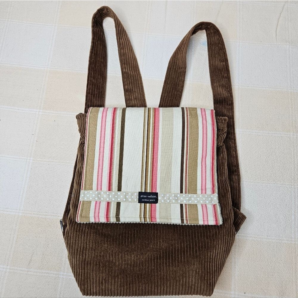 Anna William Newburyport Corduroy Stripe Zip Top Adjustable Straps Backpack Bag